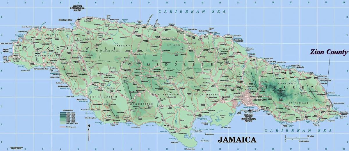 fiziskās karte jamaika, parādot, kalni